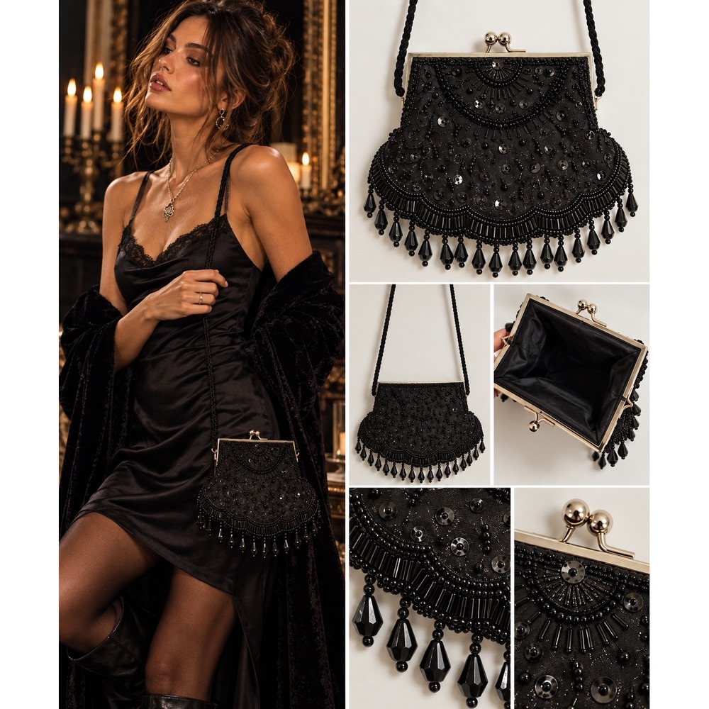 Black Beaded Evening Bag Purse Sequin Fringe Gothic Victorian Flapper Kiss Lock